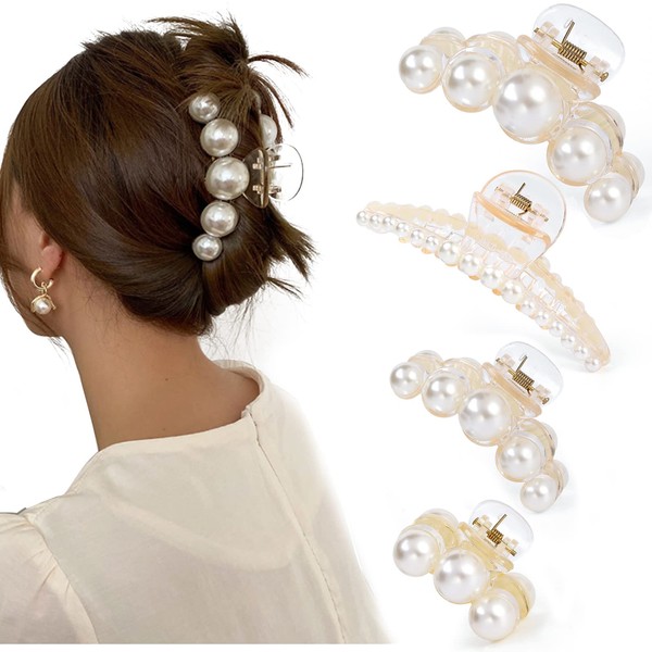Mehayi 4 Pieces Large Pearl Hair Clips for Women Girls Hair Clips for Thick Thin Hair Fashion Hair Accessories Headwear Styling Tools for Party Wedding