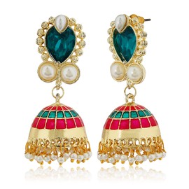 Moonstruck Traditional Indian Golden Minakari Jhumka Earrings With Stones And Pearls for Women (Green)