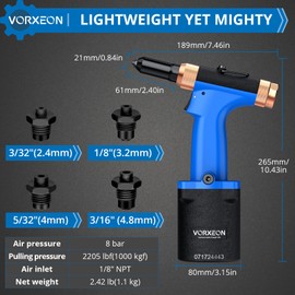 VORXEON Lightweight Air Rivet Gun Set 2.42 lbs 3/32", 1/8", 5/32", 3/16" Pneumatic Rivet Gun NPT 1/8", Pulling pressure 2205 lbf Riveter Tool