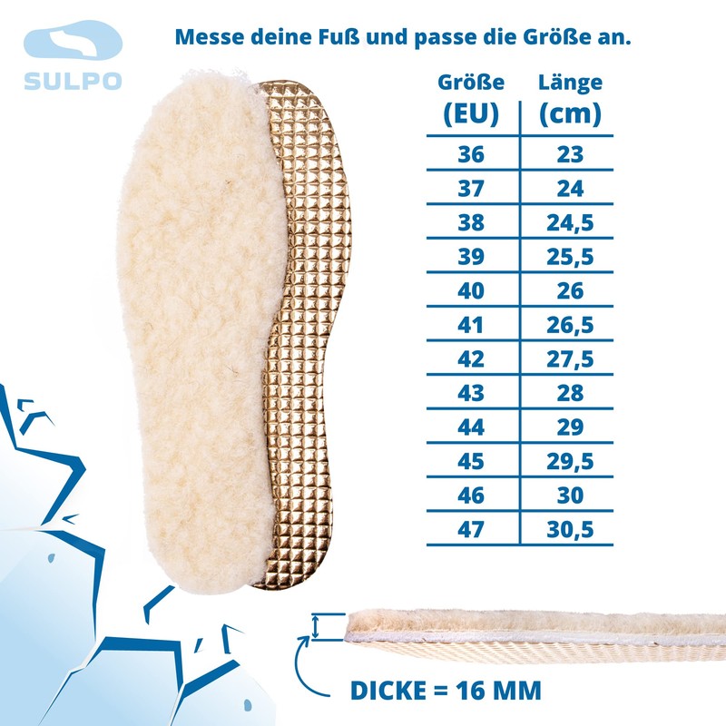 SULPO 2 Pairs Winter Insoles - Soft Warm 100% Sheep's