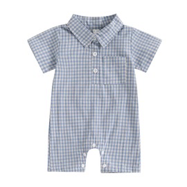 Geagodelia Infant Baby Boy Summer Romper Newborn Baby Boys' Full Length Jumpsuit Short Sleeve Lapel Plaid Print Button-Down Bodysuits for Baby Boy Clothes Outfits (Blue Gray, 3-6 Months)