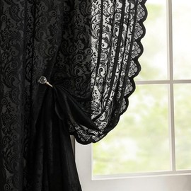 Draphelle 2 Panels Vintage Lace Black Curtains 54x84 inches Long, Romantic Semi Sheer Floral Lacy Curtains for Living Room, Elegant Window Drapes for Bedroom
