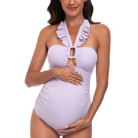 EastElegant Maternity Ruffle Ribbed Cutout One Piece Swimwear Square Ring Linked Pregnancy Bathing Suit, Purple, Small