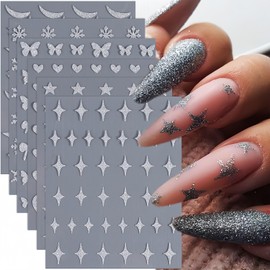 Heart Butterfly Star Nail Stickers for Nail Art, 6 Pcs Silver Star Nail Decals 3D Self-Adhesive Butterfly Heart Stars Nail Art Stickers Spring Summer Design Nail Supplies for Acrylic Nail Decoration