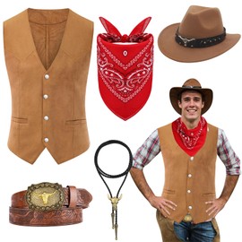 Saier tbo 5Pcs Western Cowboy Fancy Dress, Men’s Cowboy Outfits Set with Waistcoat Wide Brim Hat Belt Paisley Bandanna Bull Head Necklace Wild Western Accessories for Adult Cosplay (XL)