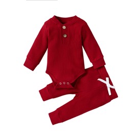 Newborn Baby Boy Christmas Clothes Outfit Ribbed Knitted Cotton Long Sleeve Romper Bodysuit Pants Clothing Red 3-6 Months