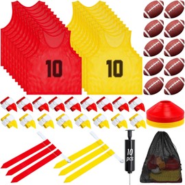Meooeck 20 Player Flag Football Set Outdoor Sport Training Equipment, Include 20 Practice Jerseys, 20 Adjustable Football Belts, 60 Flags, 10 Flag Football, 50 Cone, 10 Inflator(Red Yellow)