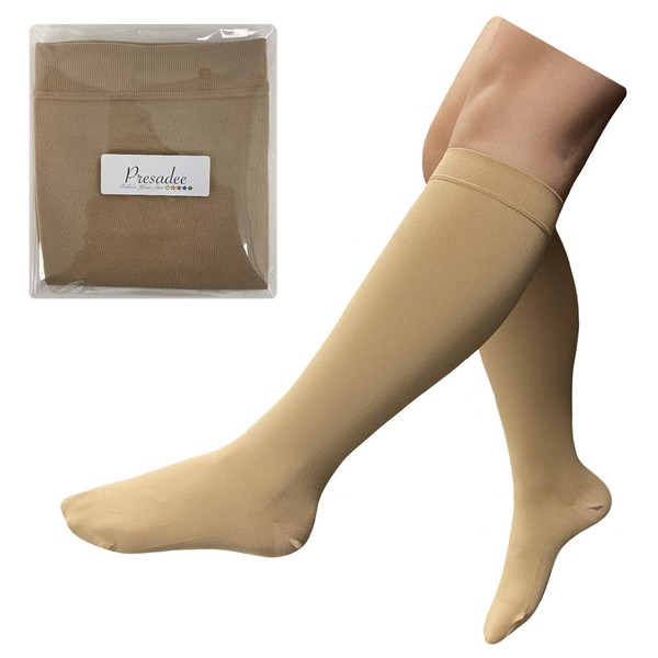 Presadee Traditional 20-30mmHg Firm Compression Swelling Fatigue Sock Closed Toe (Beige, L/XL)
