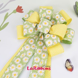 LaRibbons Green and Yellow Floral Ribbon Wired 2 Rolls 2.5 Inch x 20 Yards TTL, Daisy Flower and Polka Dot Burlap Ribbon for Spring Summer Mothers Day Crafts Gift Wrapping Wreath Bow Decoration