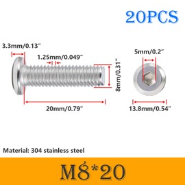 Ctyjia Pack of 20 Allen screws, M8 x 20 mm flat head screws, hexagon socket, 304 stainless steel screws, fully threaded, furniture connector screws
