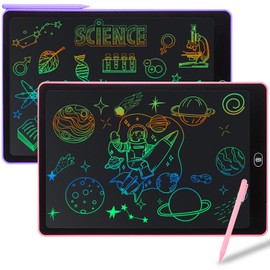 Damcyer 2 Pack 15 Inch LCD Writing Board Children, LCD Magic Board with Animal Stickers, Reusable Drawing Tablet for Children and Adults, Birthday Gifts, Toy, Pink + Purple