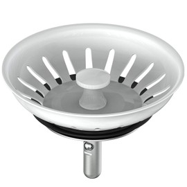 KANARY Stainless Steel Kitchen Sink Strainer Basket-Replacement for Standard Drains-Ball-lock Rubber Stopper (Single, White)