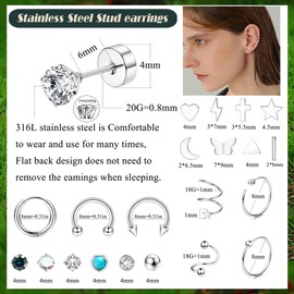 JeweBella 19 Pairs Silver Earrings for Women Girls Hypoallergenic Cubic Zirconia Star Moon Earrings Surgical Steel Medical Stud Earrings Set Hoop Silver Helix Cartilage Earrings for Multiple