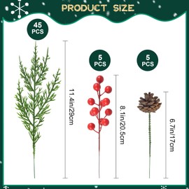 55PCS Christmas Artificial Pine Branches Set, Includes 45PCS 11.4" Fake Evergreen Branches with 5 Red Berries Stems & 5 Pinecones, Norfolk Pine Needles for Vase DIY Craft Floral Arrangement Xmas Decor