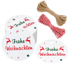 G2PLUS Merry Christmas Gift Tags, Pack of 100 Gift Tags Christmas, Kraft Paper Labels 5.5 x 5.5 cm Paper Tags for Advent Calendar, DIY Decoration, White