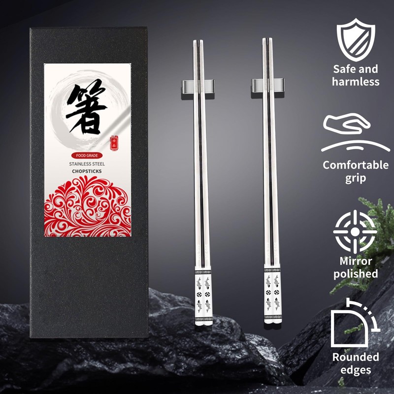 2 Pairs Metal Chopsticks, Stainless Steel Chopsticks Comes with Two