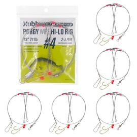 Xubbwov 6-Pack Porgy Stainless Steel Wire Hi-Lo Rig with 18" 70lb Steel Leader, Anti-Tangle Twisted Arms & 11" Mono Dropper, Gold Baitholder Hooks for Scup, Sea Bass, Tautog (Size #4)