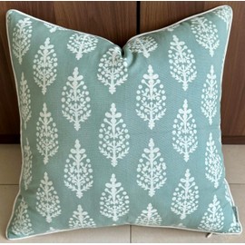 VAGMINE Block Printed Decorative Square Accent Throw Pillow Cover - Sofa, Chair, Couch, Living Room, Bedroom, Farmhouse Home Decor - Chandni Paiseley-Light Teal, 18x18 Inches