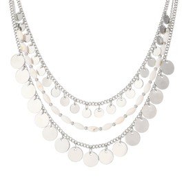 Noessla Boho Silver Charm Necklace for Women Layered Beade Pendant Necklace with Disc Charms Trendy Costume Jewelry for Beach Party(White)