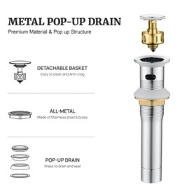 Pop up Sink Drain Stopper for Bathroom Vessel Vanity Sink Art Basin Chrome, Small Cap with Overflow, Metal Pop-up Drain Strainer with Detachable Basket Stopper