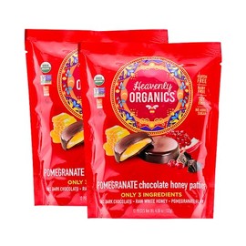 Heavenly Organics Pomegranate Chocolate Honey Patties 2 Bags- 12 Single/Bag -4.66oz (132g) , Made with 100% Organic Cacao and 100% Organic Raw White Honey, Non-GMO, Fair Trade, Kosher, Dairy & Gluten Free, No Sugar Added