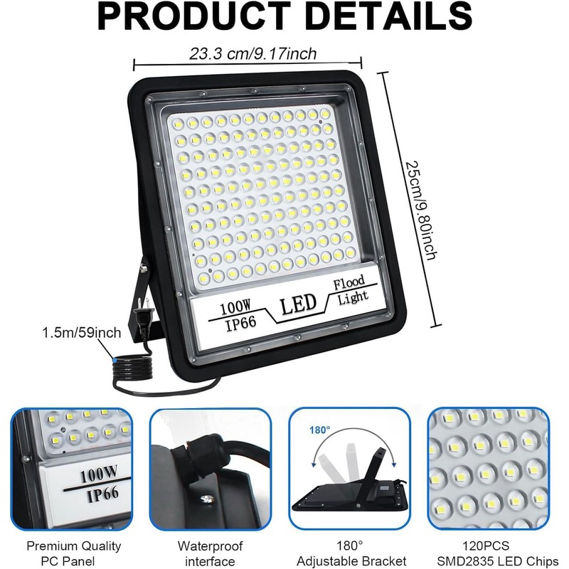 CREATESTAR 2 Pack 100W LED Flood Light Outdoor, 10000LM Bright