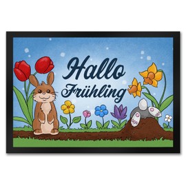 speecheese Hello Spring Doormat in 35 x 50 cm with Cute Rabbits for Easter, A Colourful Door Mat to Welcome at the Door Entrance to Ring in the Beginning of Spring