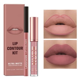 MIELIKKI 2Pcs Matte Liquid Lipstick and Lip Liner Set, One Step Lips Makeup Kit, Non-Stick Cup Lip Gloss + Lip Liner Pen, High Pigmented, Waterproof, Long-Lasting, 01