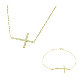 925 Sterling Silver Gold-Tone Sideways Cross White CZ Necklace Bracelet Set