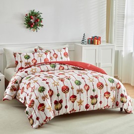 Nayoroom Christmas Comforter Set King Size Red Green Christmas Bell Reindeer Snowflake Printed on White Comforter 3Pcs Reversible Xmas Theme New Year Holiday Bedding with 2 Pillow Shams