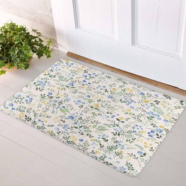 LB Country Wildflower Bath Mat for Bathroom, Blue and Yellow Floral Green Leaf Plant Bathroom Rug, Beige Non Slip Absorbent Bathroom Mat Doormat, 24x16 Inch