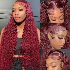 KRKRYQ 99J Burgundy 13x6 Lace Front Wigs Human Hair 22 Inch Deep Wave Lace Front Wigs Human Hair Pre Plucked Red Curly Human Hair Wig 200% Density Colored Lace Frontal Glueless for Women