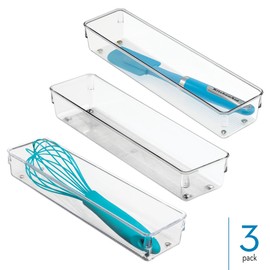 iDesign Plastic Drawer Organizer Bins - Storage for Kitchen, Bathroom, and Desk Drawers - Set of 3 - Clear