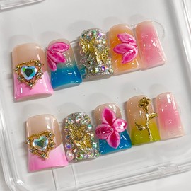 Handmade Press on Nails Short Duck 3D Floral Thick Acrylic Fake Nails French Tip False Nails with Heart Flower Rhinestones Gold Rose Designs Nail Sturdy Art Press on Nail 10Pcs(M)