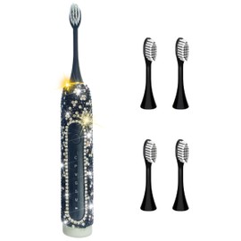 VFUIFRYI Electric Toothbrush for Woman Black Bling Diamond Decor Everyday Luxury Limited Edition Portable Travel Essentials for Women Black Toothbrush with 3 Replacement Heads 6 Modes