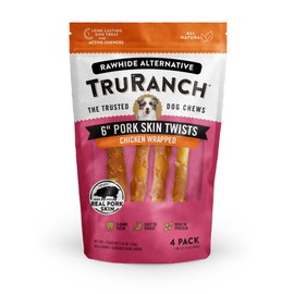 TRURANCH 6" Pork Skin Twists, Chicken-Wrapped Jerky, Made with Real Pork Skin, Rawhide Alternative, Healthy Dog Chews, 1 Bag, 4 Count