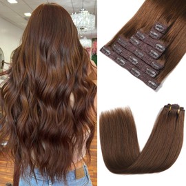 Rimoss Clip in Hair Extensions Real Human Hair - Chocolate Brown Color, 16 Inch 7pcs - Soft Remy Hair Extensions Real Human Hair Clip ins Straight for Women (#4 16 Inch)