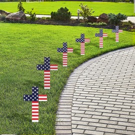 Fun Express Patriotic Flag Cross Yard Signs "8.5 x 12.5" – Festive Outdoor Decorations for Memorial Day, Independence Day, and Veterans Day Celebrations – 6 Pieces