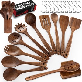 PriorityChef Premium Wooden Spoons for Cooking - 10pc with Utensil Holder, Spoon Rest and Hanging Hooks, Smooth Finish Teak Wooden Utensil Set, Heat-Resistant & Nonstick Safe, Ideal for Gifting