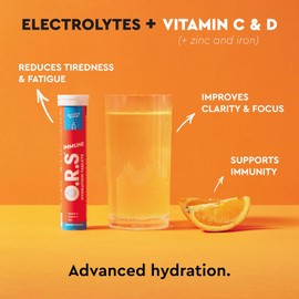 O.R.S. Inmune Hidratación Tabletas con Electrolitos, Vitaminas C, D, Zinc y Antioxidantes para Bienestar y Recuperación | Veganas, Sin Gluten, Baja en Calorías, Sabor Naranja (20 Tabletas)