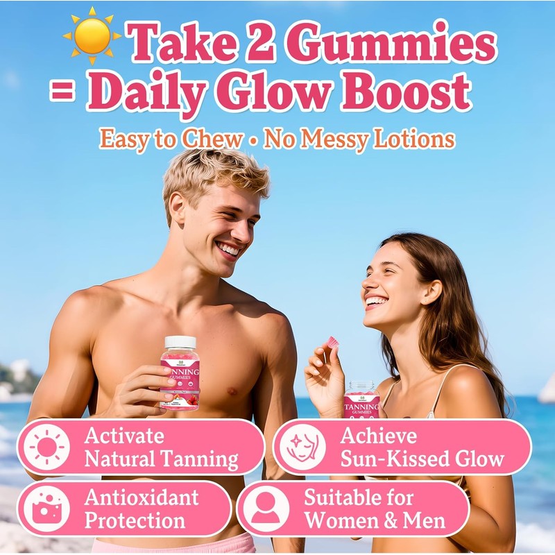 2 Pack Tanning Gummies for Women, Daily Tanning Supplement Melanin