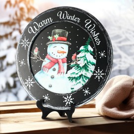 Colingmill Snowman Primitive Decor Table Centerpiece Decorative Wood Plates for Display Autumn Thanksgiving Christmas Warm Winter Farmhouse Vintage Table Shelf Rustic Wooden Plate Home Decor Art