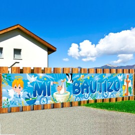 DPKOW Azul Mi Bautizo Niños Bautizo Banner Decoración, Largo Tela Bautizo Fondo Banner para Bautizo Nacimiento Baby Shower Decoración, 270 x 40 cm