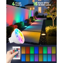 MR16 Color Changing LED Bulbs, RGB GU5.3 Bi-pin Light, Warm White+15 Multicolors and 4-Level Brightness on Remote Control for 12V Low Voltage Landscape Lighting Holiday Light 4W 6-Pack