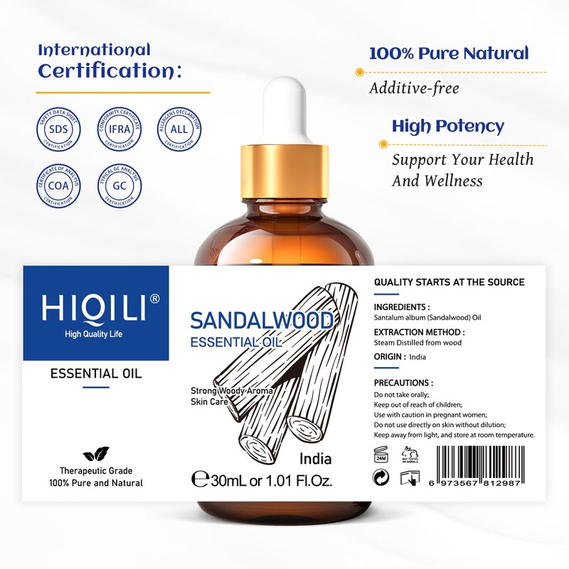 HIQILI Sandalwood Essential Oils, Long-Lasting Scent for Perfume, Diffuser, Soap