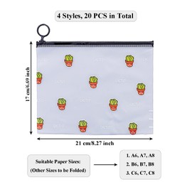Pack of 20 Document Bags 21 x 17 cm, Plastic File Bags with Zip, A6, B6, Waterproof, Frosted, for Stationery, Documents, Cosmetics (Cactus, 4 Types)