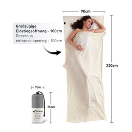Fit-Flip Cotton Sleeping Bag – Ultralight Sleeping Bag Inner 325 g – Thin Travel Sleeping Bag – Compact, Small & Silky Soft – Sleeping Bag with Pillow Compartment – Colour: Natural White