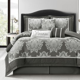 LANCO MODERN LIFESTYLE Grey King Size Comforter Set 7 Pieces, Jacquard Woven with Damask, Bedding Set in a Bag Includes Comforter, Bed Skirt, Pillow Shams, and Decorative Pillows