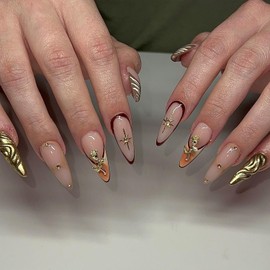 24Pcs Gold Gilding Press on Nails Medium Almond French Tip Fake Nails with Glitter Star Rose Design Exquisite 3D Flower False Nails Full Cover Artificial Glue on Nails Nude Stick on Nails for Women