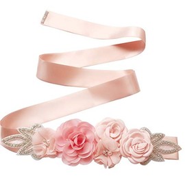 Women's Flower Sash Belts Pearls Rhinestones Wedding Bridal Belt Evening Dress Accessory, Blush, One Size